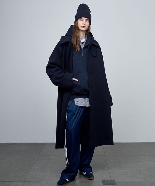 美品　ブラック　ビーバーメルトンオーバーサイズロングステンカラーコート セール】ビーバーメルトン オーバーサイズ ロングステンカラー