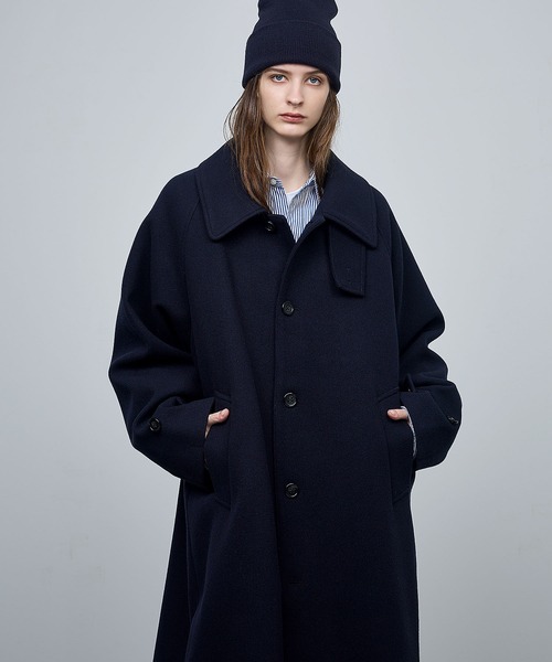 美品　ブラック　ビーバーメルトンオーバーサイズロングステンカラーコート ビーバーメルトン オーバーサイズ ロングステンカラーコート