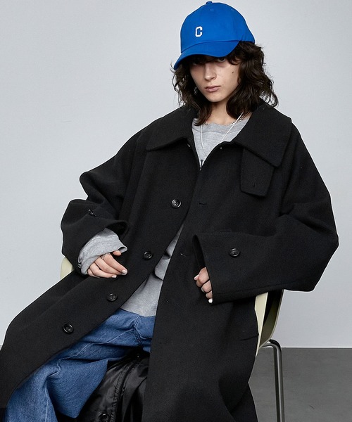 美品　ブラック　ビーバーメルトンオーバーサイズロングステンカラーコート ビーバーメルトン オーバーサイズ ロングステンカラーコート