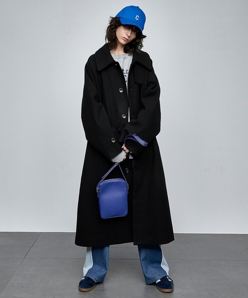 美品　ブラック　ビーバーメルトンオーバーサイズロングステンカラーコート ビーバーメルトン オーバーサイズ ロングステンカラーコート