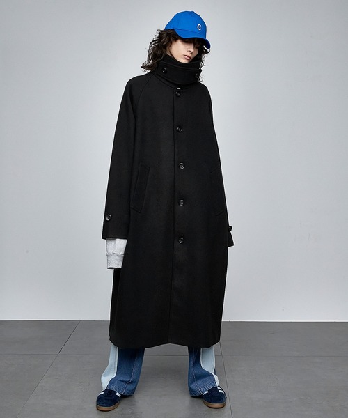 美品　ブラック　ビーバーメルトンオーバーサイズロングステンカラーコート ビーバーメルトン オーバーサイズ ロングステンカラーコート