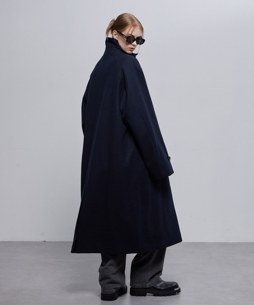 美品　ブラック　ビーバーメルトンオーバーサイズロングステンカラーコート セール】ビーバーメルトン オーバーサイズ ロングステンカラーコート