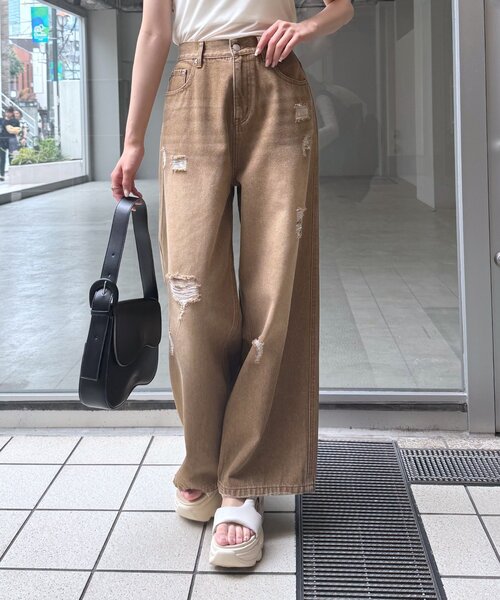 mline（エムライン）の「[mline]クラッシュダメージデニム（デニムパンツ・レディース・ブルー/ブラウン・1/2）」の2枚目の写真