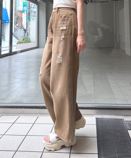 mline（エムライン）の「[mline]クラッシュダメージデニム（デニムパンツ・レディース・ブルー/ブラウン・1/2）」の3枚目の写真