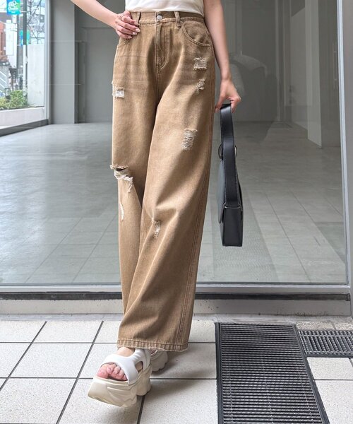 mline（エムライン）の「[mline]クラッシュダメージデニム（デニムパンツ・レディース・ブルー/ブラウン・1/2）」の4枚目の写真