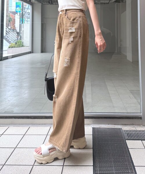 mline（エムライン）の「[mline]クラッシュダメージデニム（デニムパンツ・レディース・ブルー/ブラウン・1/2）」の5枚目の写真