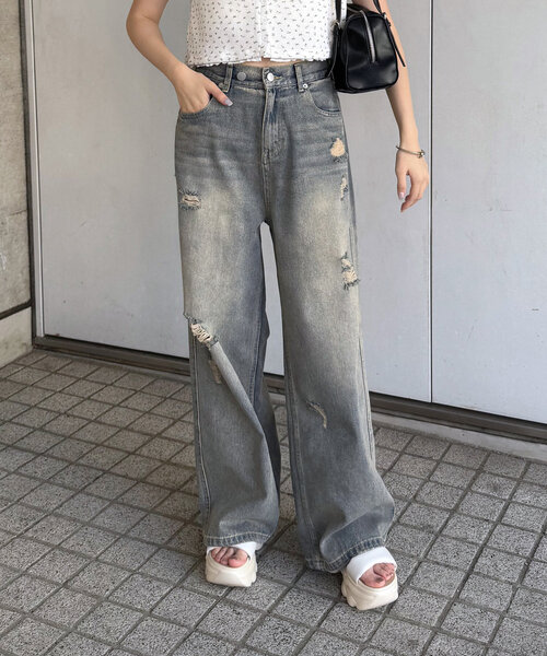 mline（エムライン）の「[mline]クラッシュダメージデニム（デニムパンツ・レディース・ブルー/ブラウン・1/2）」の9枚目の写真