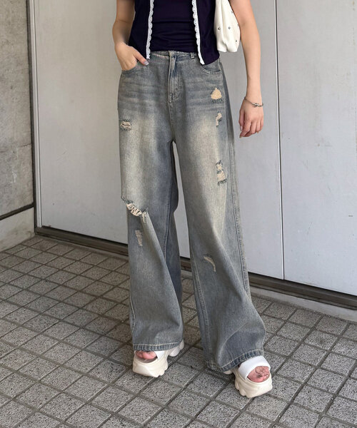 mline（エムライン）の「[mline]クラッシュダメージデニム（デニムパンツ・レディース・ブルー/ブラウン・1/2）」の10枚目の写真