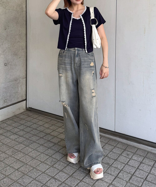 mline（エムライン）の「[mline]クラッシュダメージデニム（デニムパンツ・レディース・ブルー/ブラウン・1/2）」の11枚目の写真