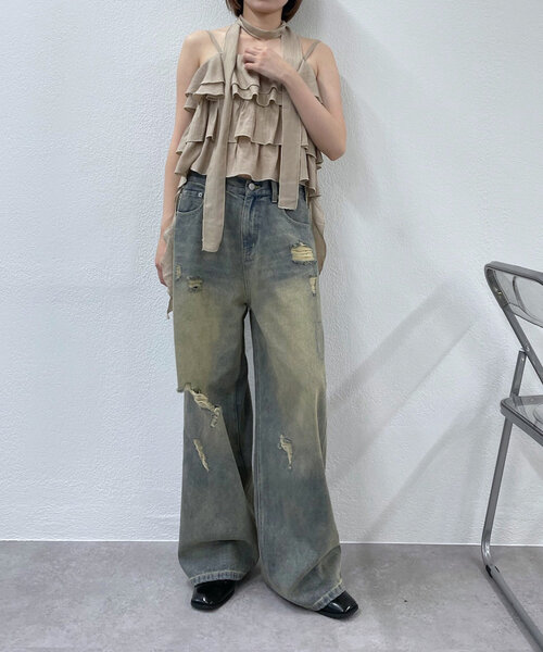 mline（エムライン）の「[mline]クラッシュダメージデニム（デニムパンツ・レディース・ブルー/ブラウン・1/2）」の13枚目の写真