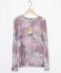 iS ScoLar（イズスカラー）の「551237：花蝶アート柄 ラメチュールロングスリーブTシャツ（Tシャツ/カットソー）」