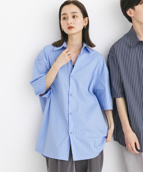 SENSE OF PLACE by URBAN RESEARCH(センスオブプレイスバイアーバンリサーチ)の「『ユニセックス』ストライプレギュラーカラールーズショートスリーブシャツ(シャツ/ブラウス・メンズ・ブルー/ネイビー/チャコールグレー・LARGE/MEDIUM)」の3枚目の写真