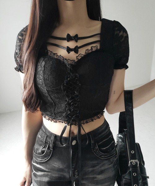 2color 】フロントリボンレースアップコルセットブラウス ／ front