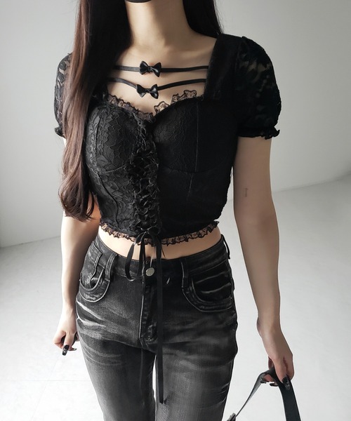 2color 】フロントリボンレースアップコルセットブラウス ／ front