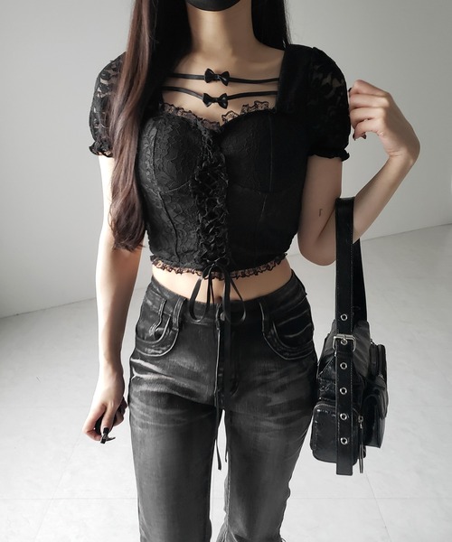 セール】【 2color 】フロントリボンレースアップコルセット