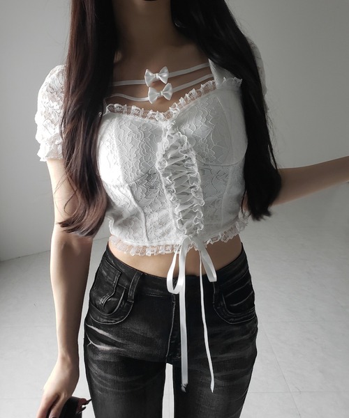 me+em select(ミームセレクト)の「【 2color 】フロントリボンレースアップコルセットブラウス / front ribbon lace-up corset blouse(その他トップス・レディース・ブラック/ホワイト・FREE)」の15枚目の写真