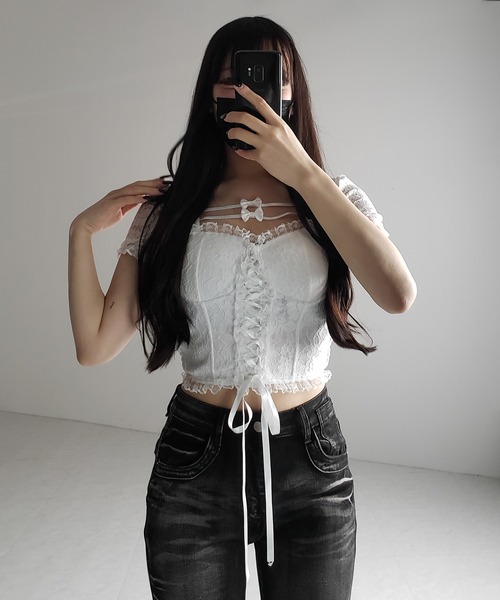 me+em select(ミームセレクト)の「【 2color 】フロントリボンレースアップコルセットブラウス / front ribbon lace-up corset blouse(その他トップス・レディース・ブラック/ホワイト・FREE)」の16枚目の写真
