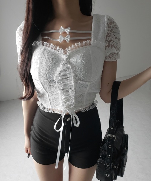 me+em select(ミームセレクト)の「【 2color 】フロントリボンレースアップコルセットブラウス / front ribbon lace-up corset blouse(その他トップス・レディース・ブラック/ホワイト・FREE)」の17枚目の写真