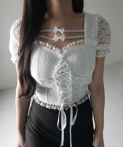 me+em select(ミームセレクト)の「【 2color 】フロントリボンレースアップコルセットブラウス / front ribbon lace-up corset blouse(その他トップス・レディース・ブラック/ホワイト・FREE)」の6枚目の写真