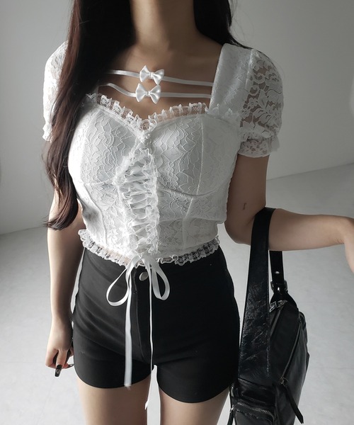 セール】【 2color 】フロントリボンレースアップコルセット
