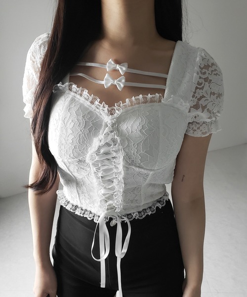 me+em select(ミームセレクト)の「【 2color 】フロントリボンレースアップコルセットブラウス / front ribbon lace-up corset blouse(その他トップス・レディース・ブラック/ホワイト・FREE)」の8枚目の写真