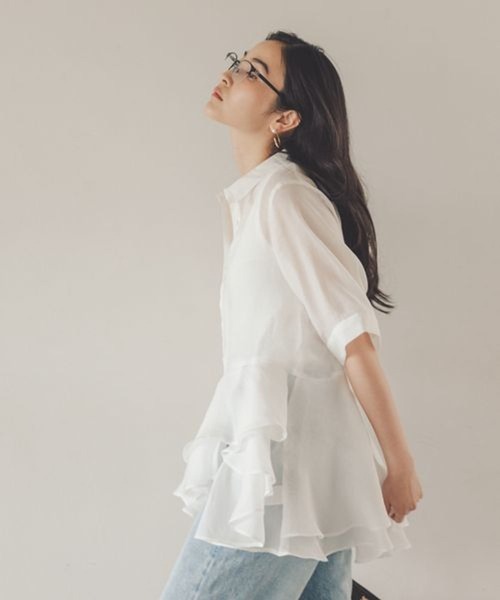『M.B.C』(M) 背中シースルー ブラウスシャツ 裾フリル シアーブラウス M.B.C』(M) 背中シースルー ブラウスシャツ 裾フリル シアー