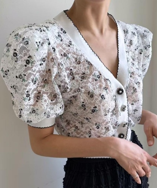カーディガン パフスリーブ花柄ジャガード前ボタンクロップドカーディガン レディース パフスリーブ花柄ジャガード前ボタンクロップドカーディガン