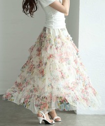 花柄シフォンティアードフリルフレアスカート