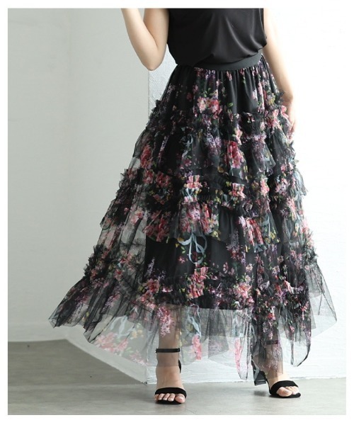 Sawa a la mode(サワアラモード)の「花柄シフォンティアードフリルフレアスカート(スカート・レディース・オフホワイト/ブラック・FREE)」の13枚目の写真