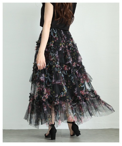Sawa a la mode(サワアラモード)の「花柄シフォンティアードフリルフレアスカート(スカート・レディース・オフホワイト/ブラック・FREE)」の15枚目の写真