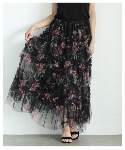 Sawa a la mode(サワアラモード)の「花柄シフォンティアードフリルフレアスカート(スカート・レディース・オフホワイト/ブラック・FREE)」の18枚目の写真