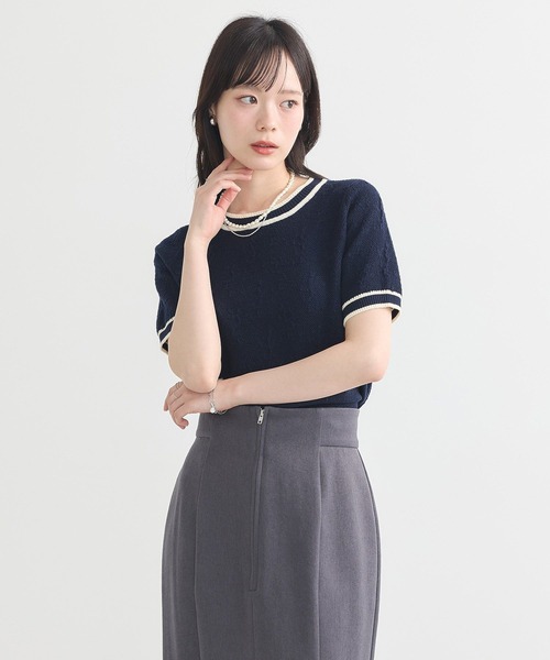 earth music&ecology(アースミュージックアンドエコロジー)の「バイカラーフラワージャガードニットプルオーバー(Tシャツ/カットソー・レディース・ピンク/クリーム/ダークネイビー・FREE)」の6枚目の写真