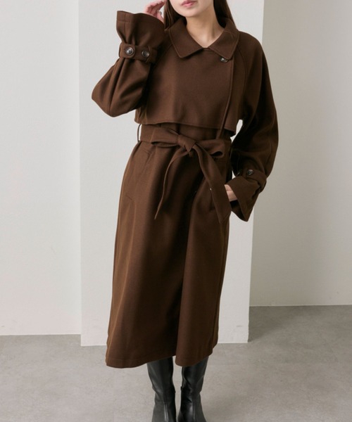オリーブ色 ベルト付きロングコート KOBE LETTUCE ノーカラーコート コート 「ロング丈/ミディアム丈