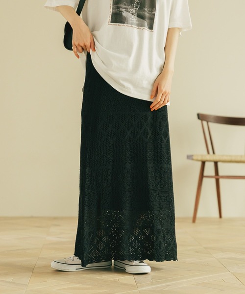 studio CLIP（スタディオクリップ）の「7ゲージ透かし編みロングスカート[プチサイズあり]（スカート・レディース・ブラック/カーキ・FREE/PF）」の19枚目の写真