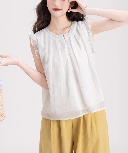 gossip!ロサンゼルス(ゴシップロサンゼルス)の「フリルスリーブ エアリートップス(シャツ/ブラウス・レディース・ブルー/ホワイト・S/M)」の4枚目の写真