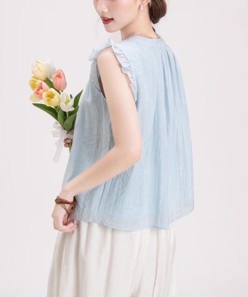 gossip!ロサンゼルス(ゴシップロサンゼルス)の「フリルスリーブ エアリートップス(シャツ/ブラウス・レディース・ブルー/ホワイト・S/M)」の11枚目の写真