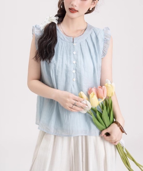 gossip!ロサンゼルス(ゴシップロサンゼルス)の「フリルスリーブ エアリートップス(シャツ/ブラウス・レディース・ブルー/ホワイト・S/M)」の13枚目の写真