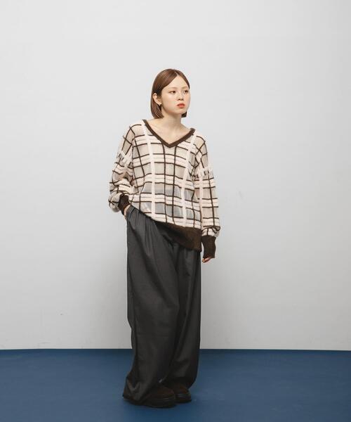 シアーチェックフェザーニット GREEN KBF（ケイビーエフ）の「シアーチェックフェザーニット（）」 - WEAR