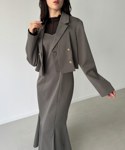 ジュノア（JUNOAH）/レイヤードデザインショートジャケット＋マーメイドキャミワンピースset(薄手、裏地なし) セール】レイヤードデザインショートジャケット＋マーメイドキャミ