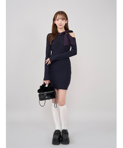 ダーリッチ　チェックリボンワンショルニットミニワンピース　FL チェックリボンワンショルニットミニワンピース（ワンピース