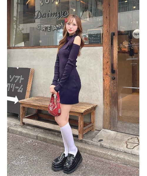 ダーリッチ　チェックリボンワンショルニットミニワンピース　Free ダーリッチ Darich チェックリボンワンショルニットミニ