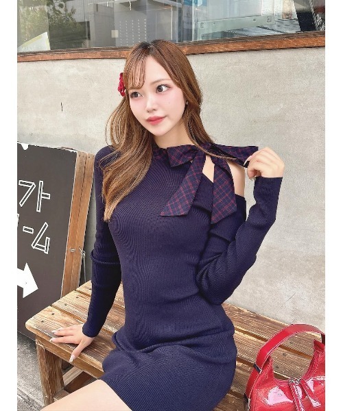 ダーリッチ　チェックリボンワンショルニットミニワンピース　Free チェックリボンワンショルニットミニワンピース（ワンピース