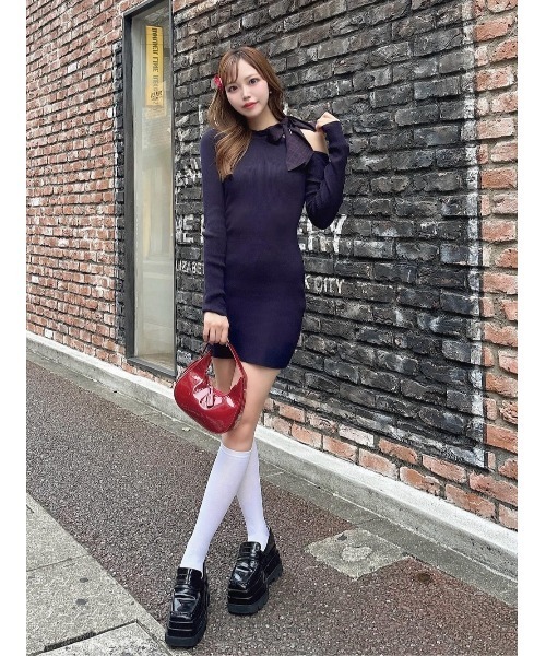 ダーリッチ　チェックリボンワンショルニットミニワンピース　Free チェックリボンワンショルニットミニワンピース（ワンピース