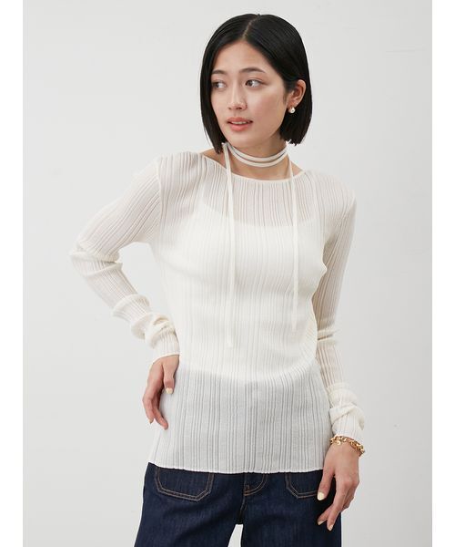 ボートネックタイ付ランダムリブシアーニット（ニット/セーター