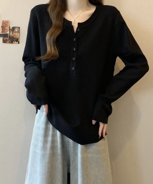cammie（キャミー）の「ヘンリーネック長袖プルオーバートップス（Tシャツ/カットソー・レディース・アイボリー/ブラック/ブラウン・MEDIUM/LARGE）」の12枚目の写真