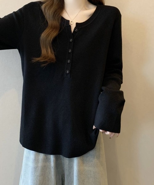 cammie（キャミー）の「ヘンリーネック長袖プルオーバートップス（Tシャツ/カットソー・レディース・アイボリー/ブラック/ブラウン・MEDIUM/LARGE）」の11枚目の写真