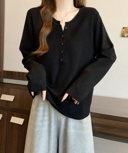cammie（キャミー）の「ヘンリーネック長袖プルオーバートップス（Tシャツ/カットソー・レディース・アイボリー/ブラック/ブラウン・MEDIUM/LARGE）」の10枚目の写真