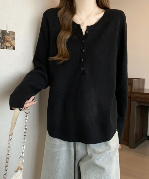 cammie（キャミー）の「ヘンリーネック長袖プルオーバートップス（Tシャツ/カットソー・レディース・アイボリー/ブラック/ブラウン・MEDIUM/LARGE）」の9枚目の写真
