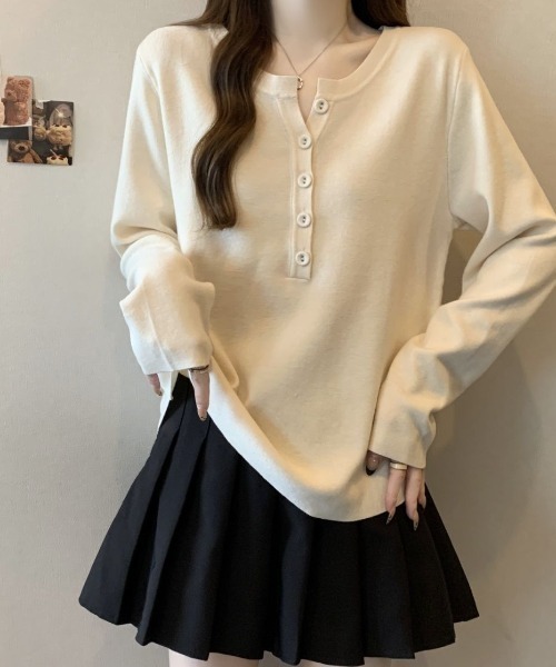cammie（キャミー）の「ヘンリーネック長袖プルオーバートップス（Tシャツ/カットソー・レディース・アイボリー/ブラック/ブラウン・MEDIUM/LARGE）」の6枚目の写真