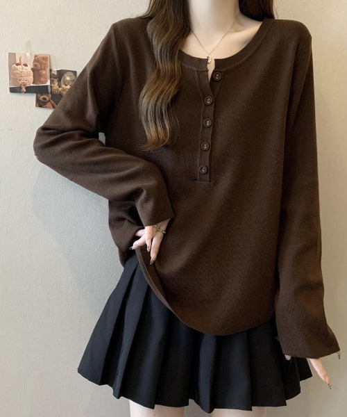 cammie（キャミー）の「ヘンリーネック長袖プルオーバートップス（Tシャツ/カットソー・レディース・アイボリー/ブラック/ブラウン・MEDIUM/LARGE）」の16枚目の写真